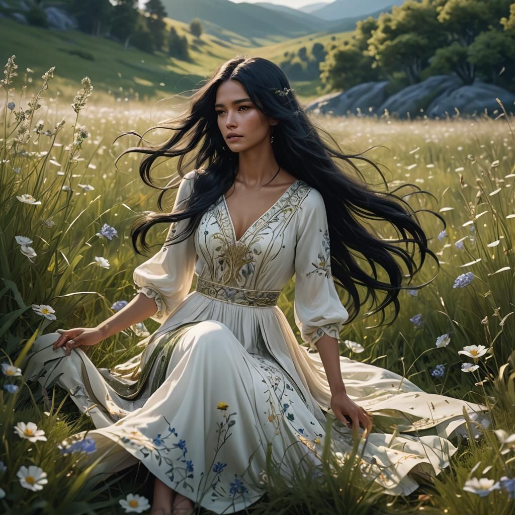 Girl in White Dress in a Field: Fantasy Concept Art