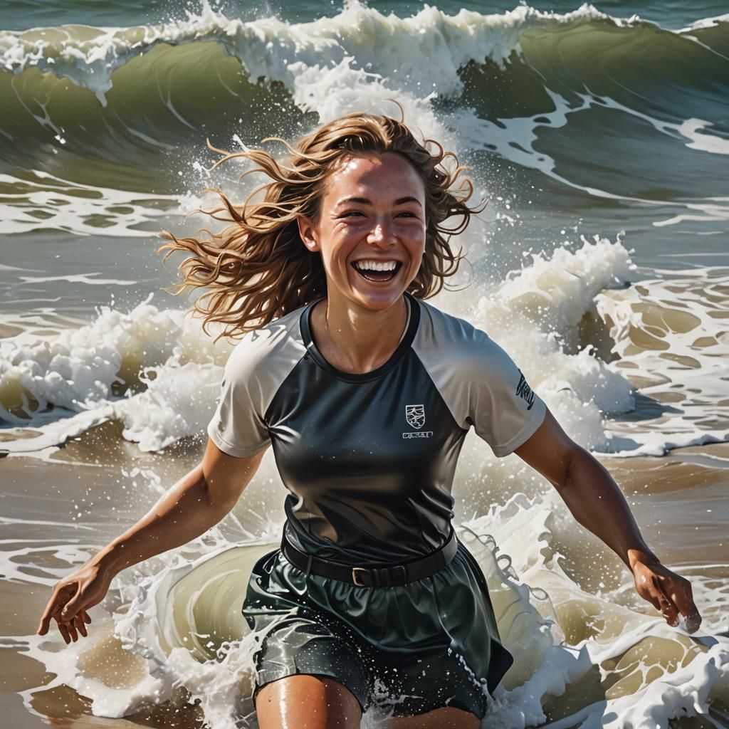 Young Woman Enjoying Beach in Hyperrealistic Style