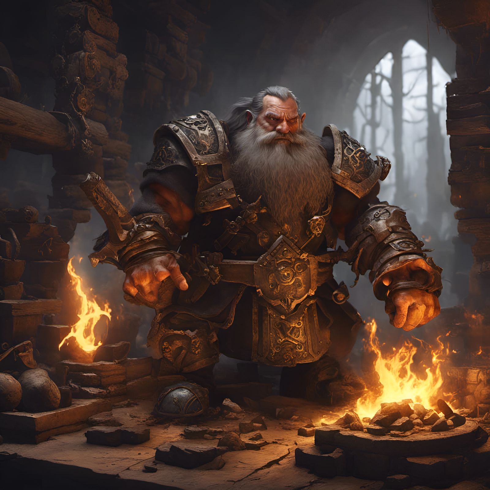 Dwarven Blacksmith Forging Warhammer in Dark Fantasy Style