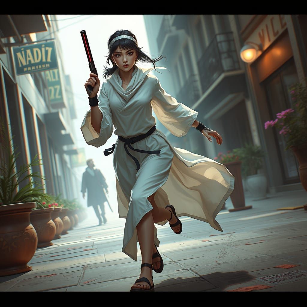 Determined Warrior Woman Runs Through Urban Street