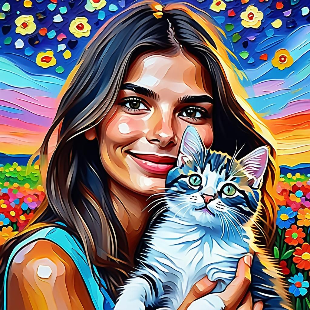 Smiling Woman and Kitten in Neo-Impressionist Style