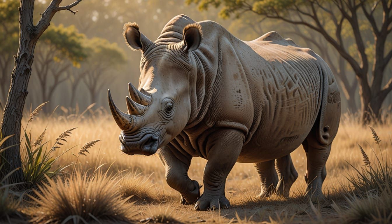 Majestic Gray Rhino in Sunlit Savanna