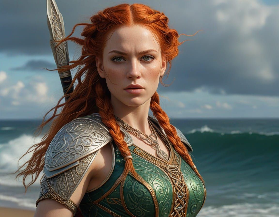 Fierce Celtic Goddess in Green Warrior Outfit
