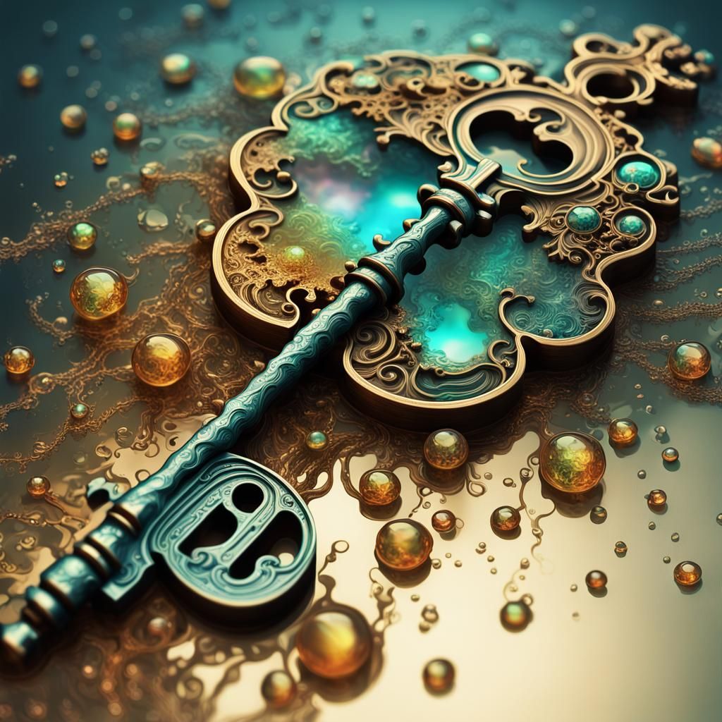 Antique Key with Water Drops and Shimmering Light