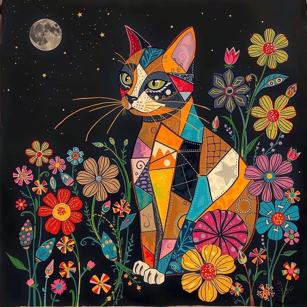Whimsical Cubist Feline Masterpiece with Vibrant Collage Flo...