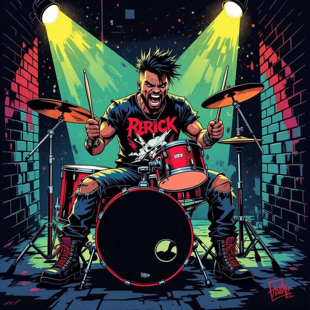 Punk Rock Drummer in Gritty Urban Alleyway
