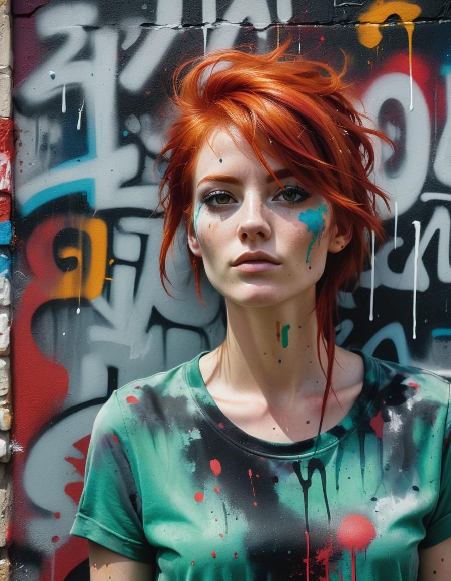 Red-Haired Woman Portrait in Graffiti Street Art Style