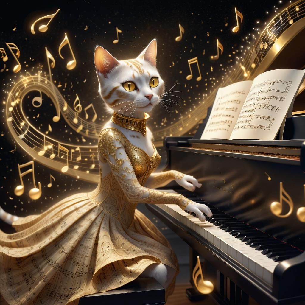 Surreal Whimsical Cat Plays Piano in a Dreamlike Atmosphere