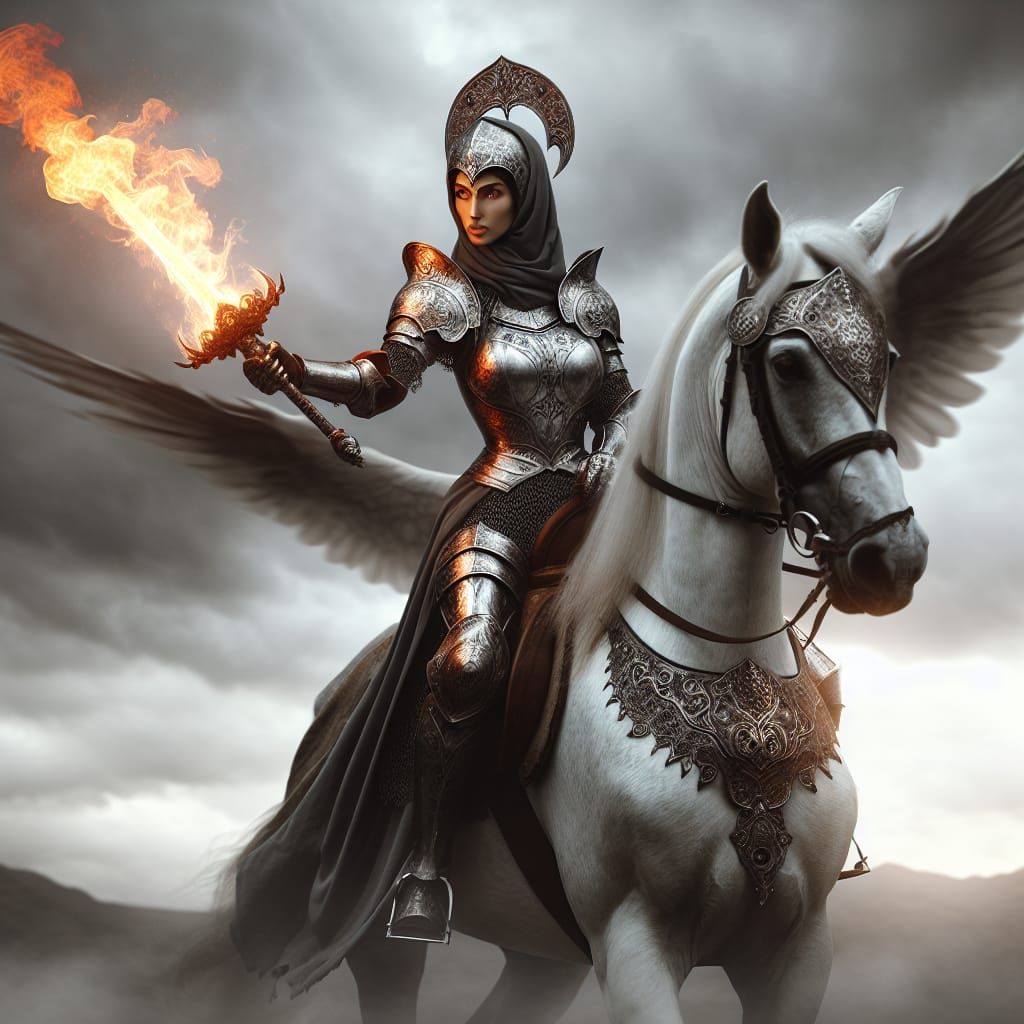 Armored Fire Maiden on Winged Horse with Flaming Sword
