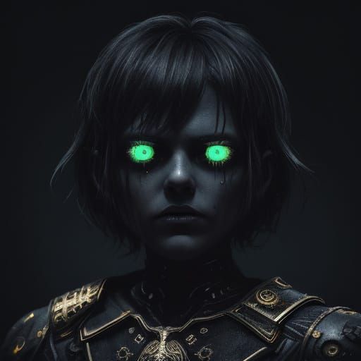 Surreal Child with Glowing Voltage Eyes in Dark Fantasy