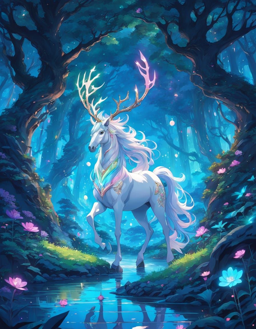 Fantasy Antlered Horse in Bioluminescent Forest Anime Art