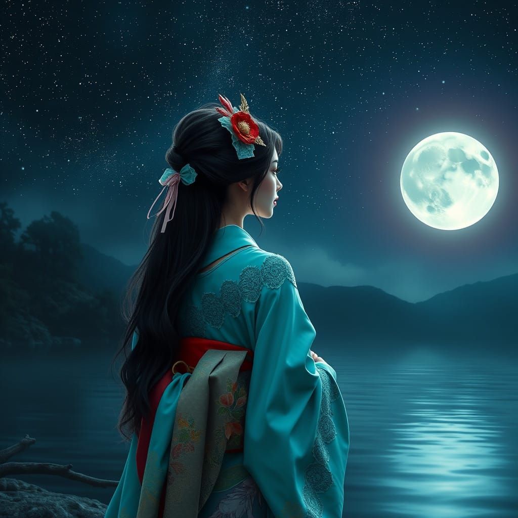 Ethereal Geisha Under the Starry Night Sky