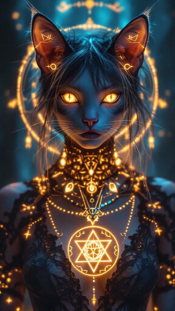 Mythpunk Feline Muse with Glowing Eyes and Cyber-Sigil