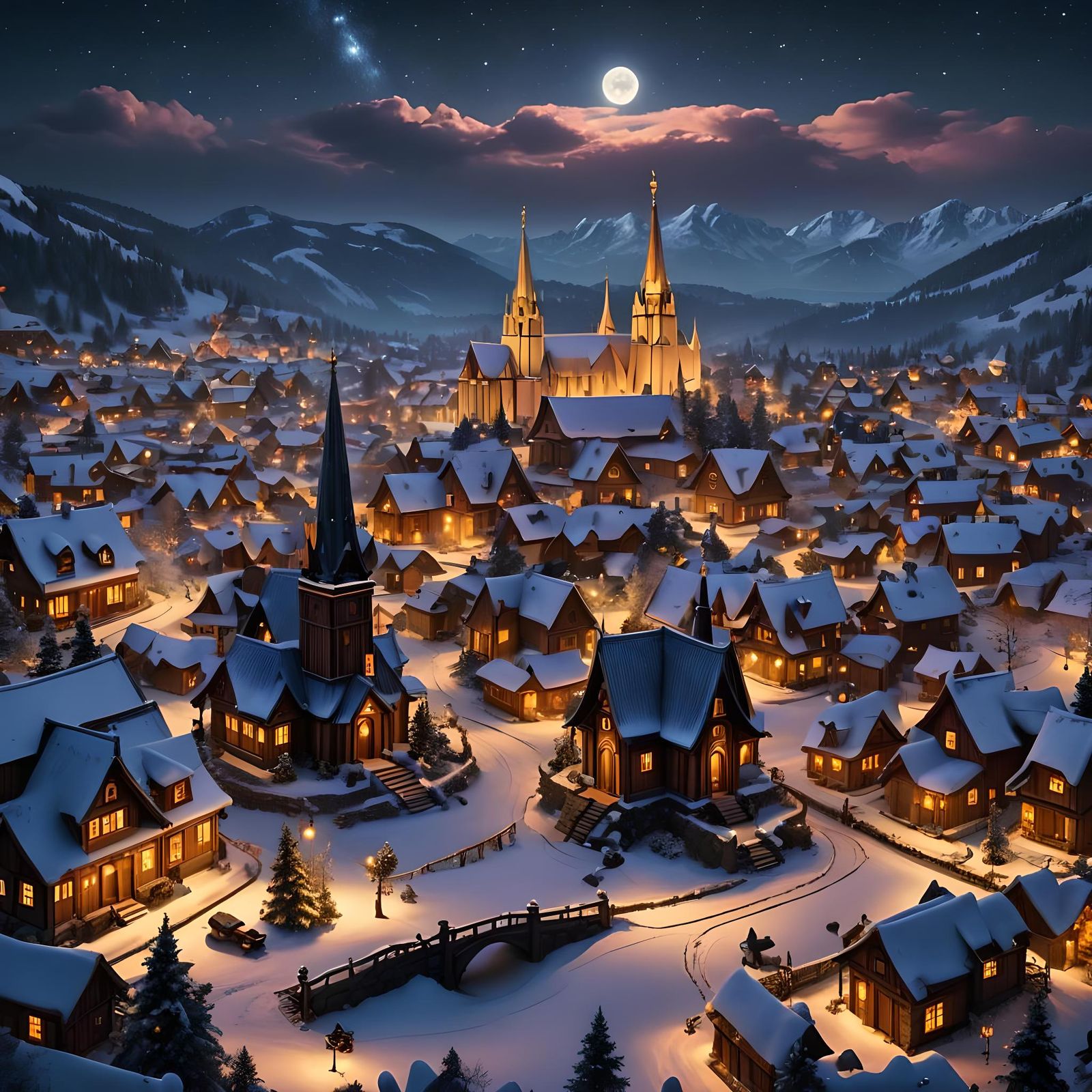 Snowy Village at Night with Temple: Fantasy Concept Art