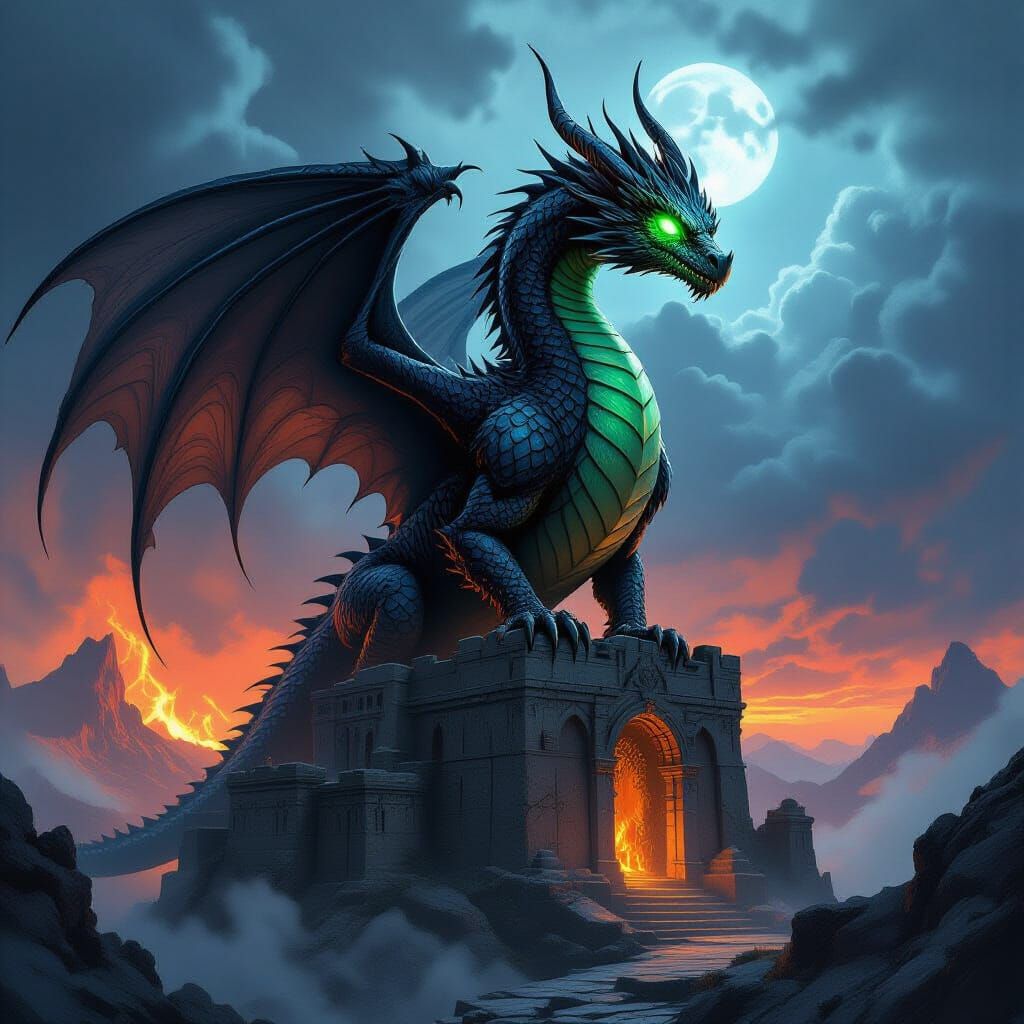 Obsidian Dragon on Ancient Citadel in Volcanic Storm