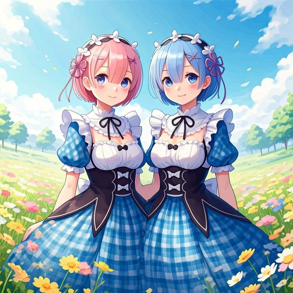 Ram and Rem in Whimsical Gingham Dresses in a Sun-Drenched M...