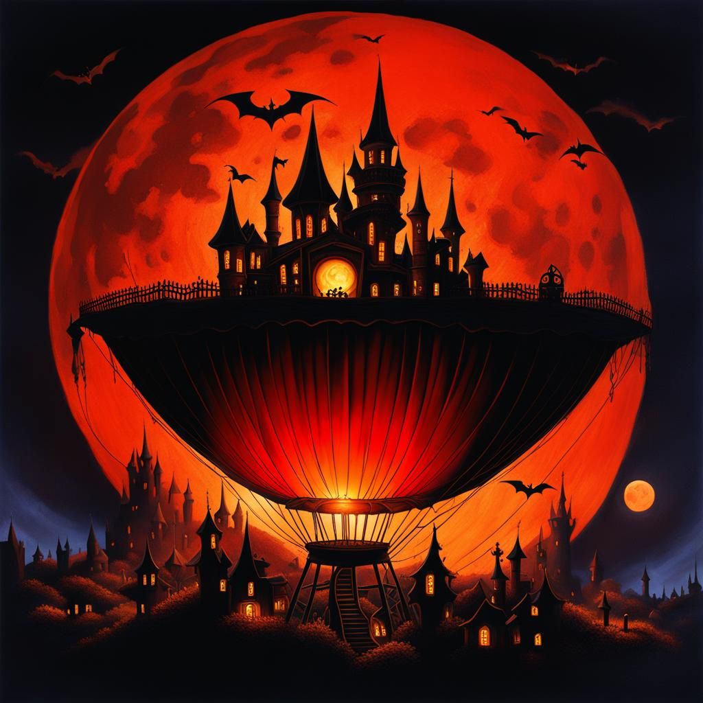 Halloween Pumpkin Balloon Over Spooky Castle