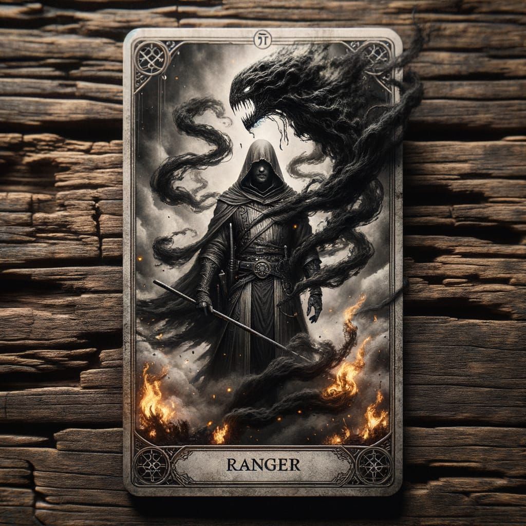 Monochrome Tarot Card of Possessed Fantasy Ranger