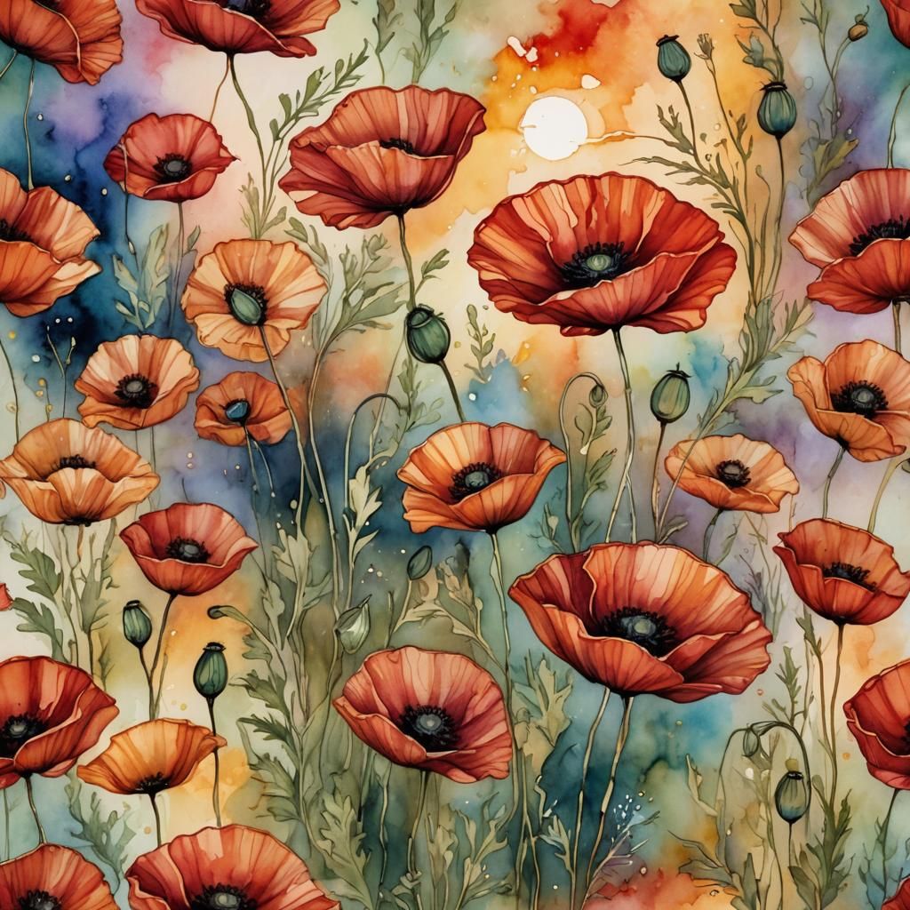 Vivid Red Poppy in Watercolor Alcohol Ink Style