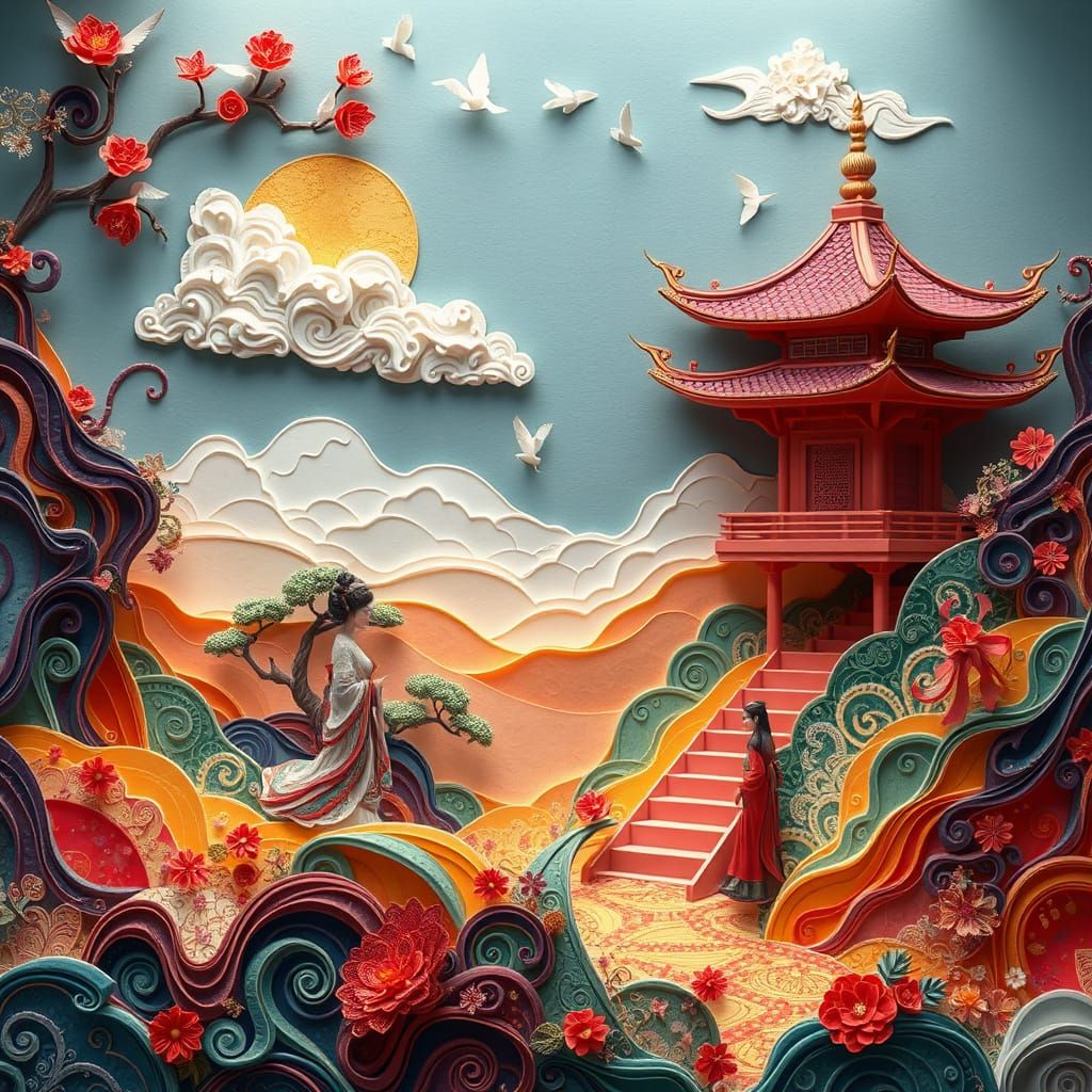 Fantastical Paper Landscape with Asian Figures