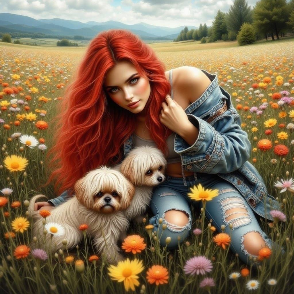 Beautiful Woman Relaxing in Wildflower Field With Shih Tzu