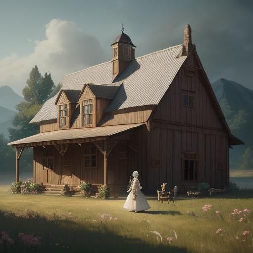 Fantastical Wedding Scene with Bride and Cake