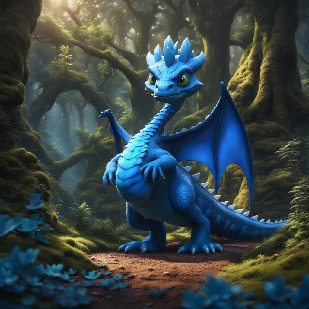 Cute Blue Dragon in Forest, Pixar Style