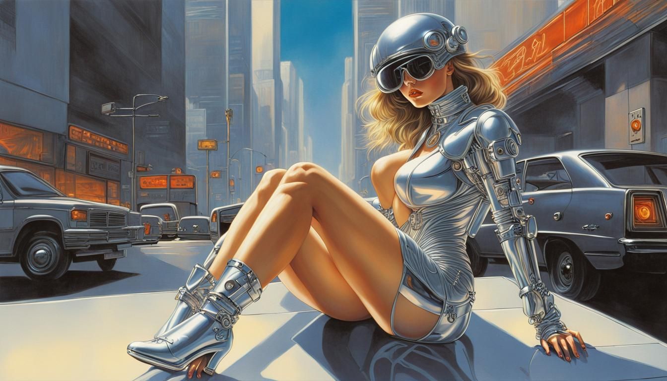 Chrome Cyborg Pin-Up Girl in Retro-Futuristic Sci-Fi Style