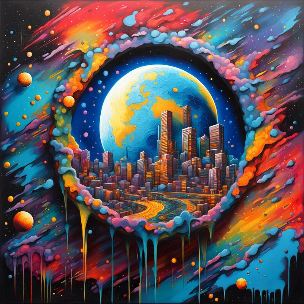 Moon Watching Blue Planet in Graffiti Art