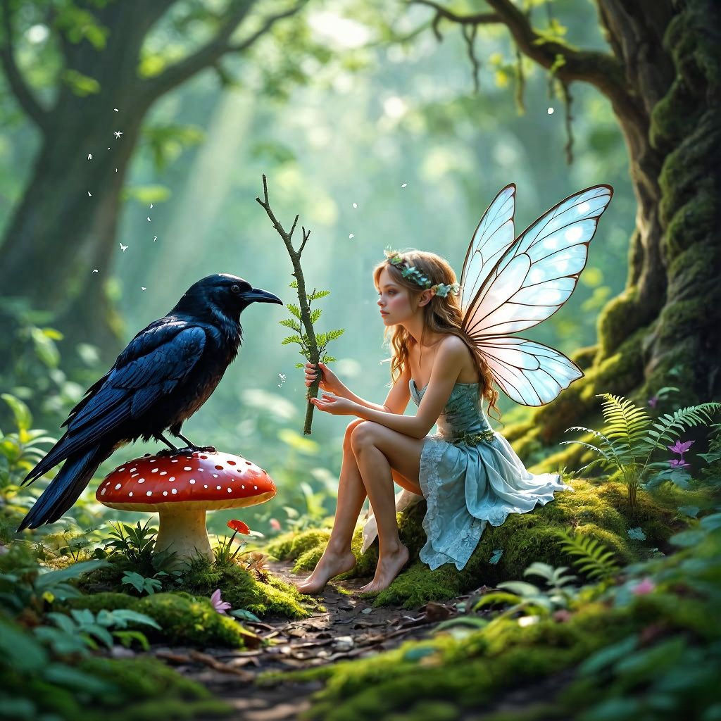 Fairy and Raven's Forest Conversation in Ethereal Style