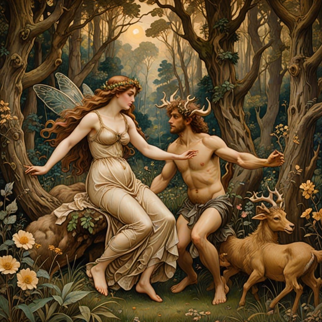 Mythical Nymph and Satyr in Pre-Raphaelite Style