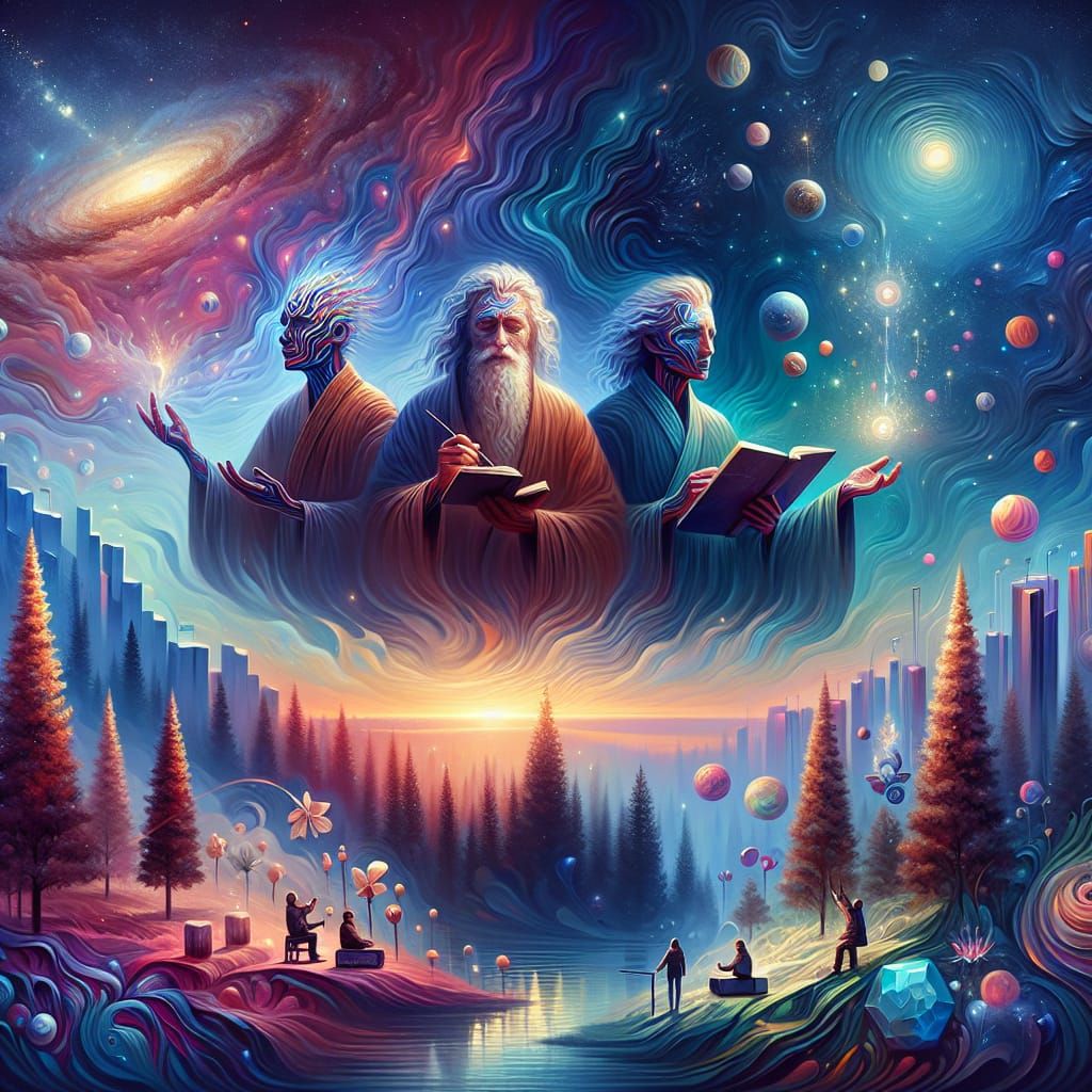 Evolving Friendship: Surreal Galaxy Sunset Oil Painting