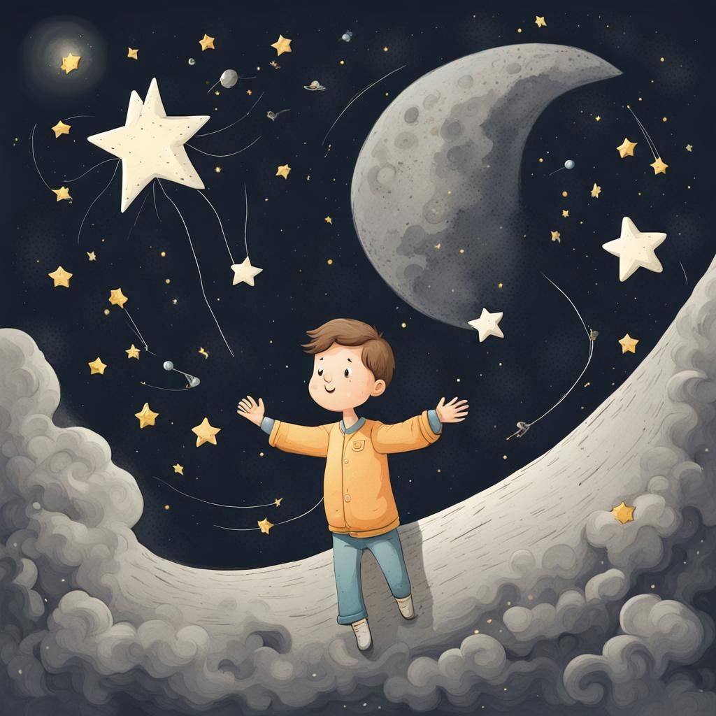Boy on the Moon Catching Stars Illustration