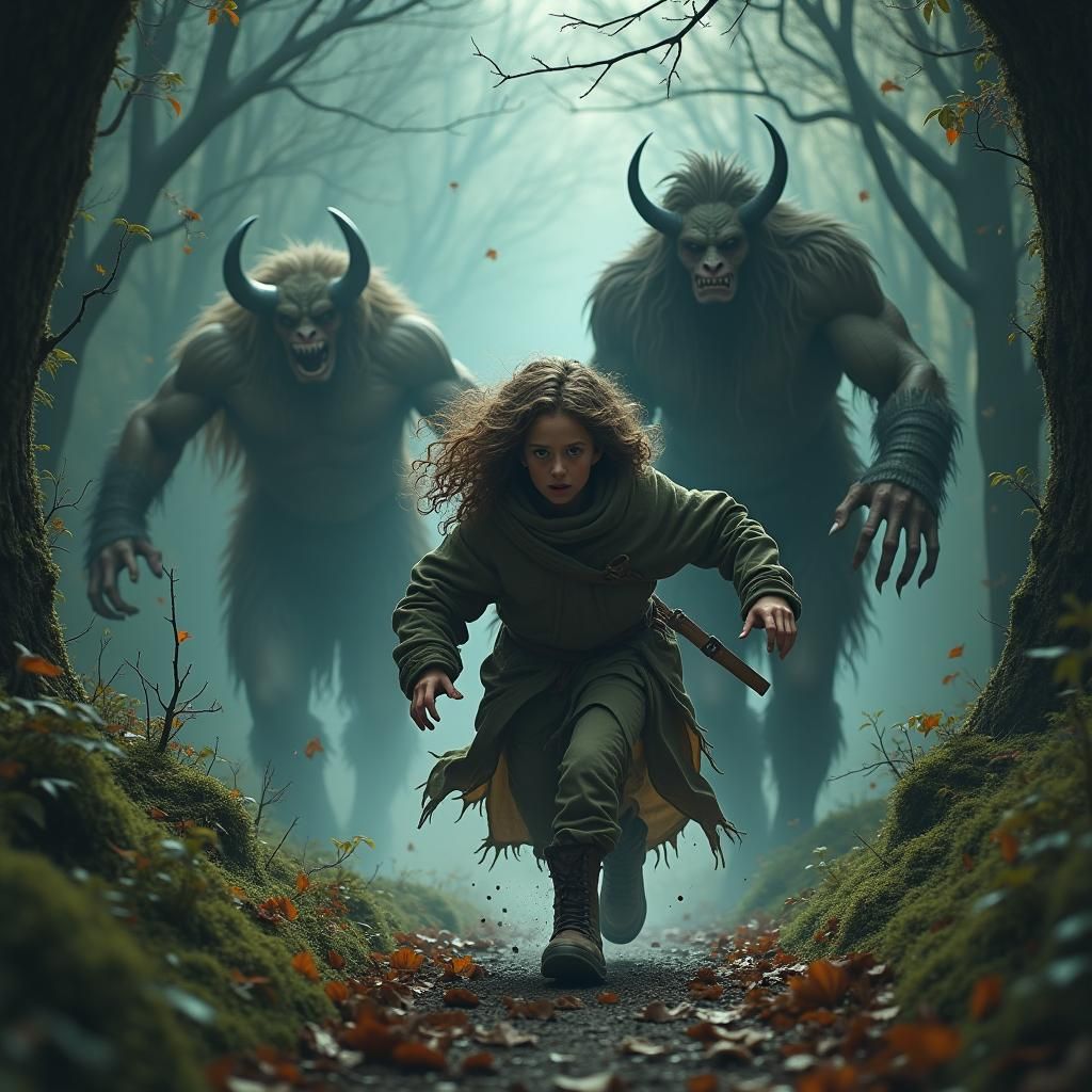 Girl Running from Ogres in Misty Forest
