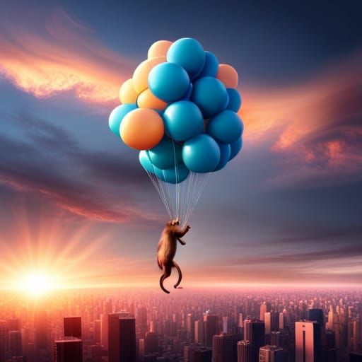 Monkey in Sunglasses Flying with Balloons