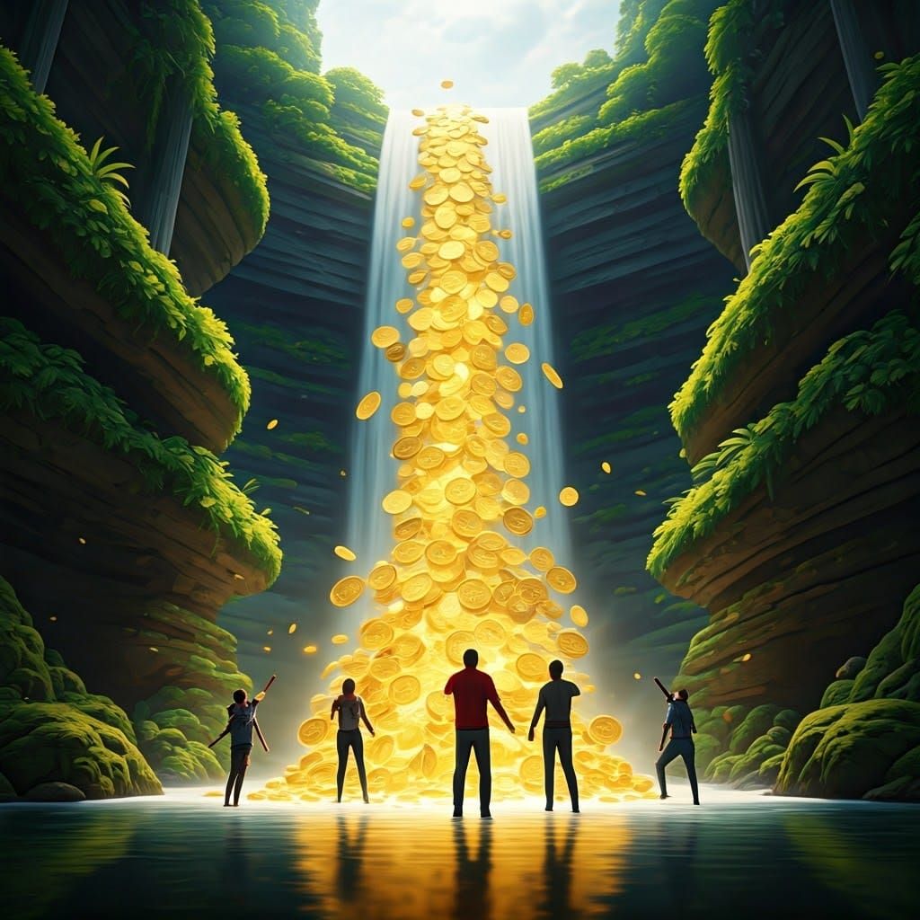 view of a waterfall pouring gold coins, people smiling and j...