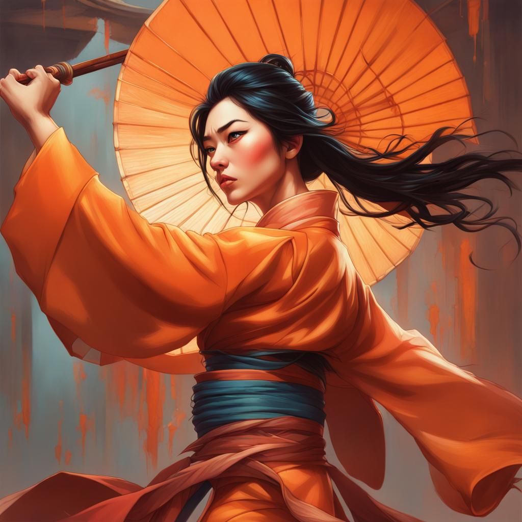 Mulan, orange spike aura in motion, damaged japanese clothes, floating pieces