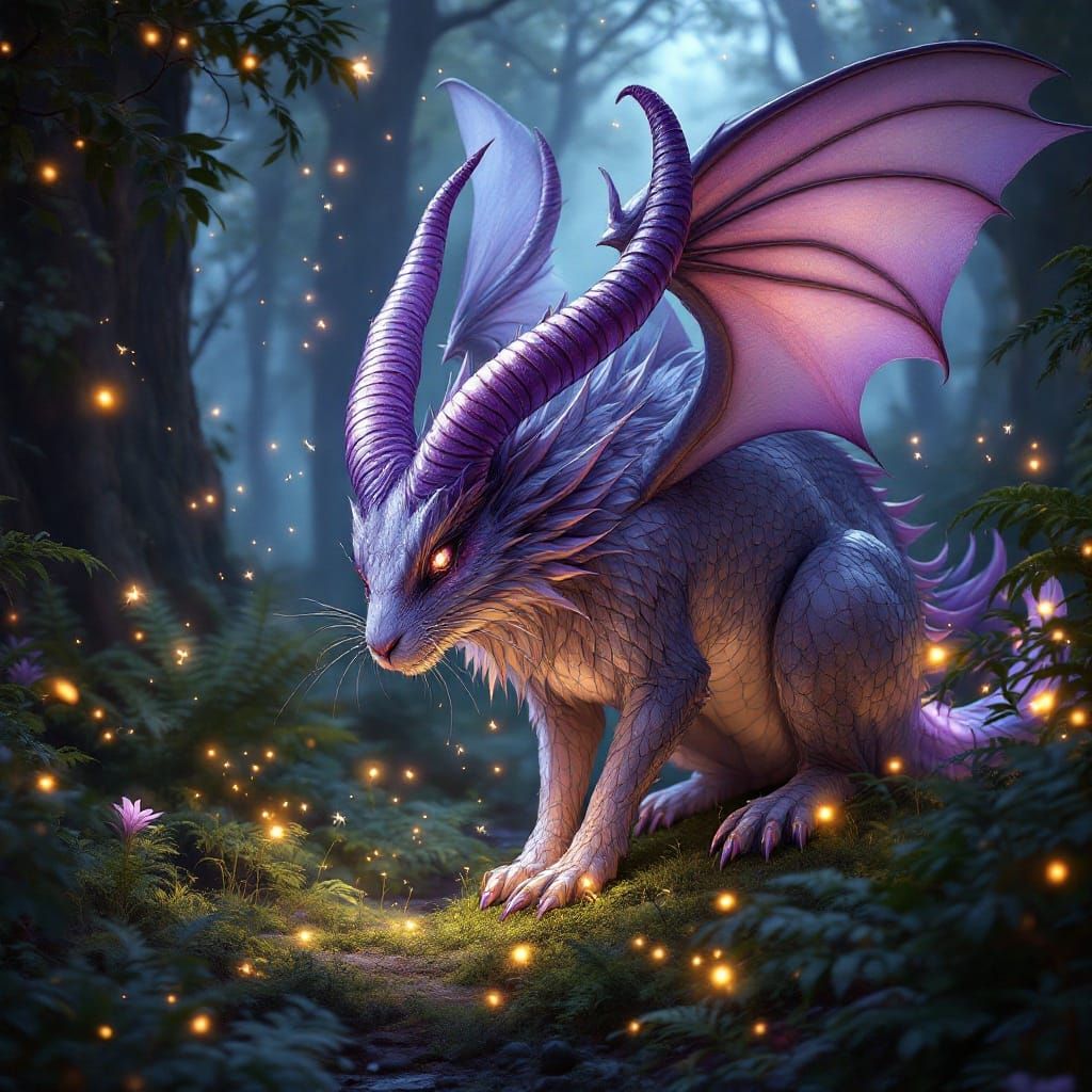 Majestic Rabbit Dragon Hybrid in Lush Ancient Woods