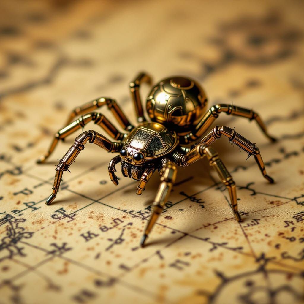 Clockwork Spider on Antique Map in Steampunk Style