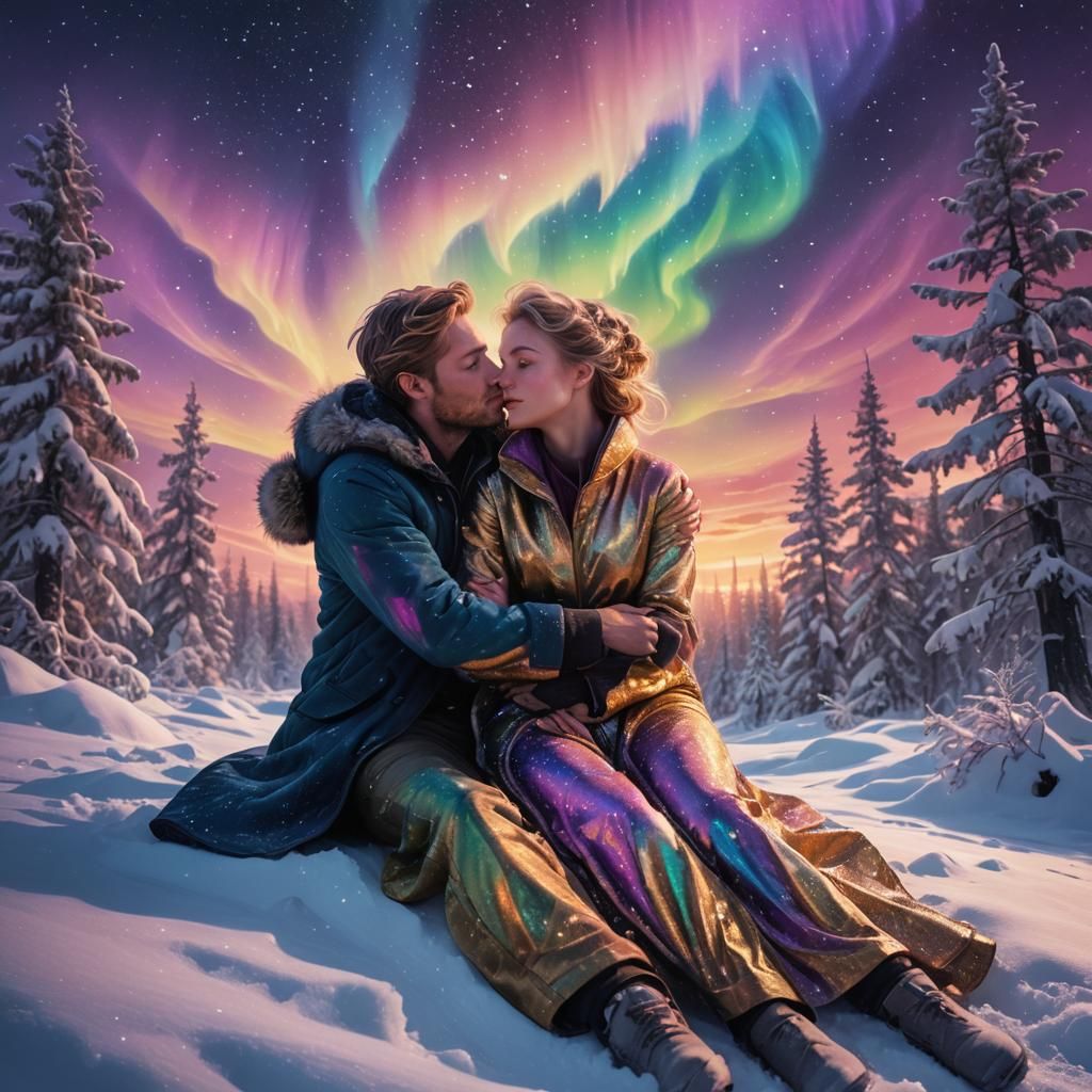 Lovers Gaze at Aurora in Digital Matte Painting