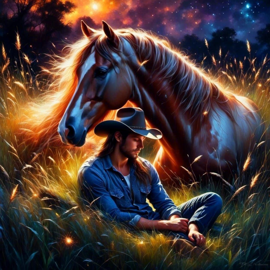 Cowboy Asleep in Field of Fireflies: Oil Painting