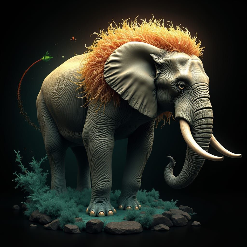 Majestic Elephant-Lion Hybrid in Fantasy Art Style