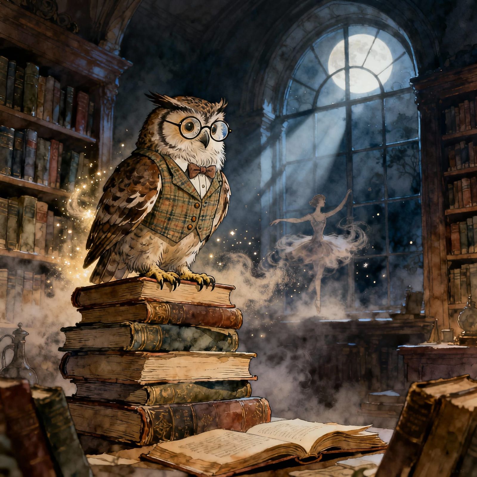 Wise Owl in Library: Storybook Illustration
