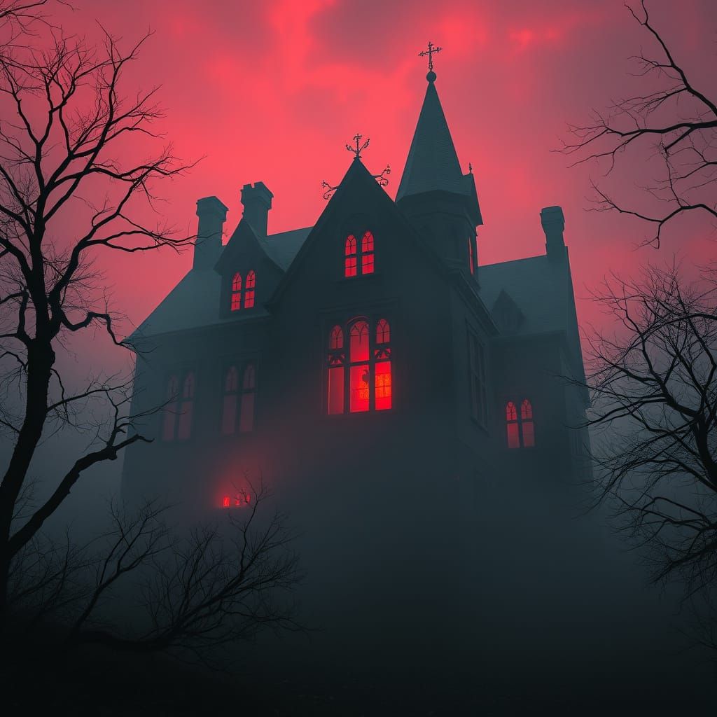 Ethereal Gothic Villa Silhouetted Against a Bloody Red Sky