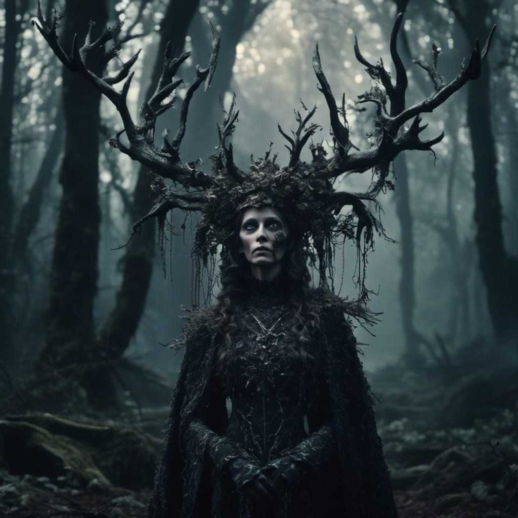Night Hag with Antler Crown in Dark Forest