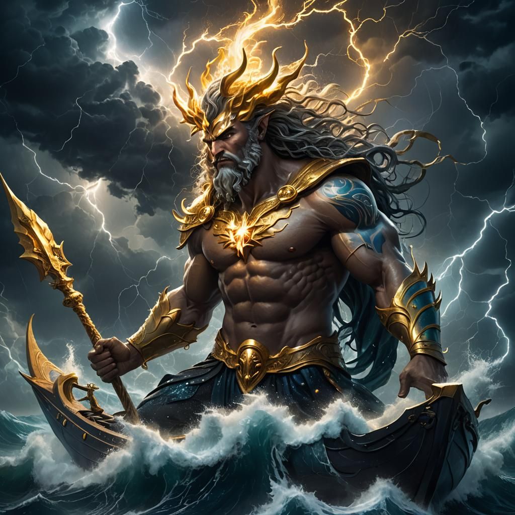 Ocean God with Trident in Stormy Seas