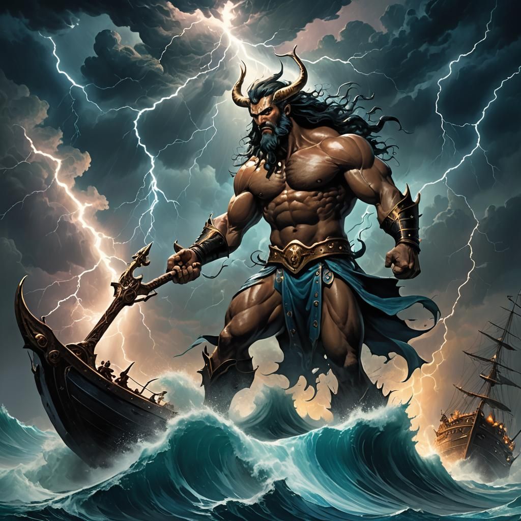 Ocean God in Stormy Sea, Fantasy Art