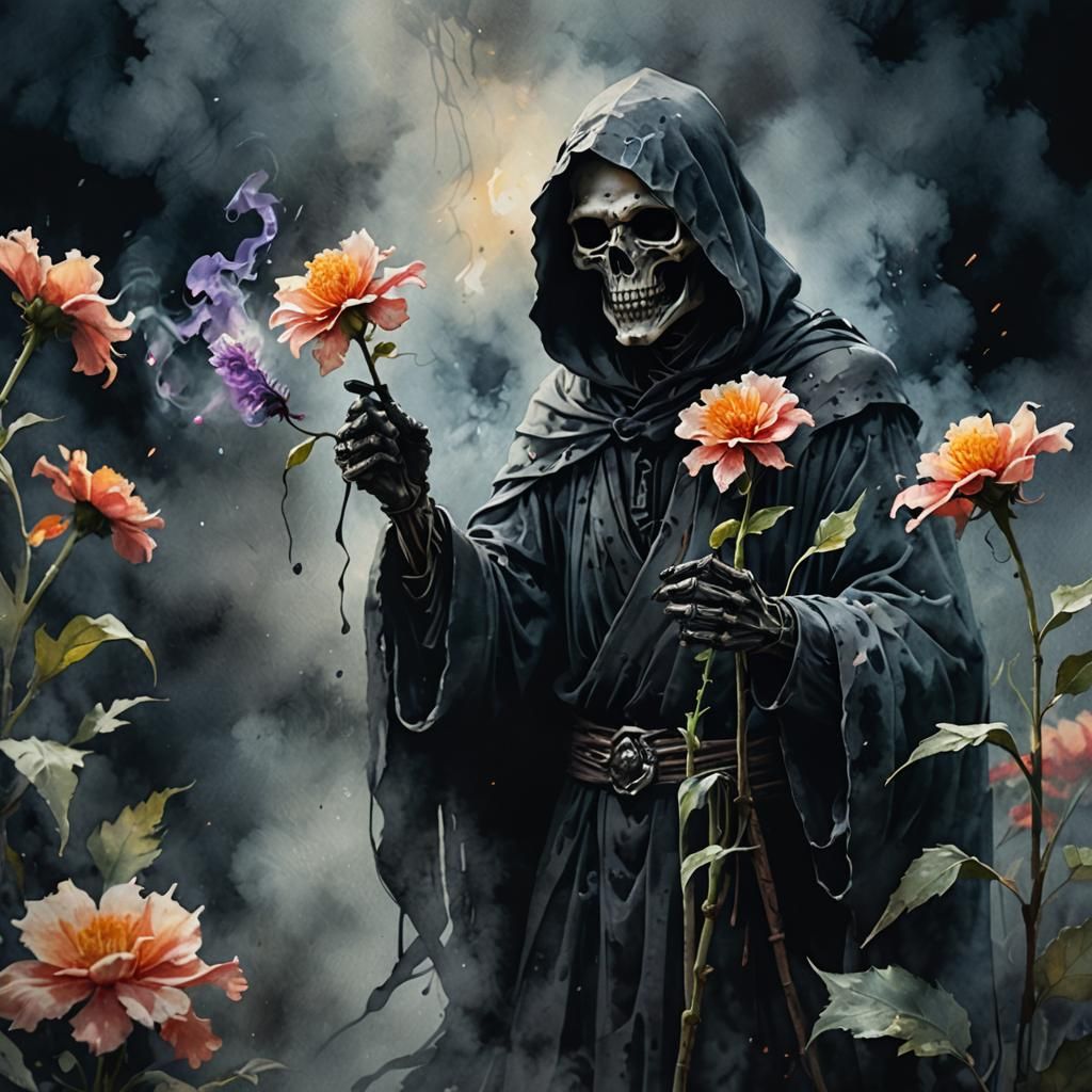Grim Reaper Holds Flower in Smokey Watercolor