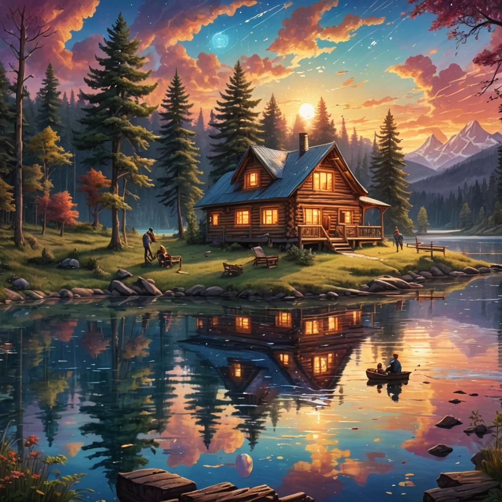 Family Fishing at Sunset: Cosmic Illustration