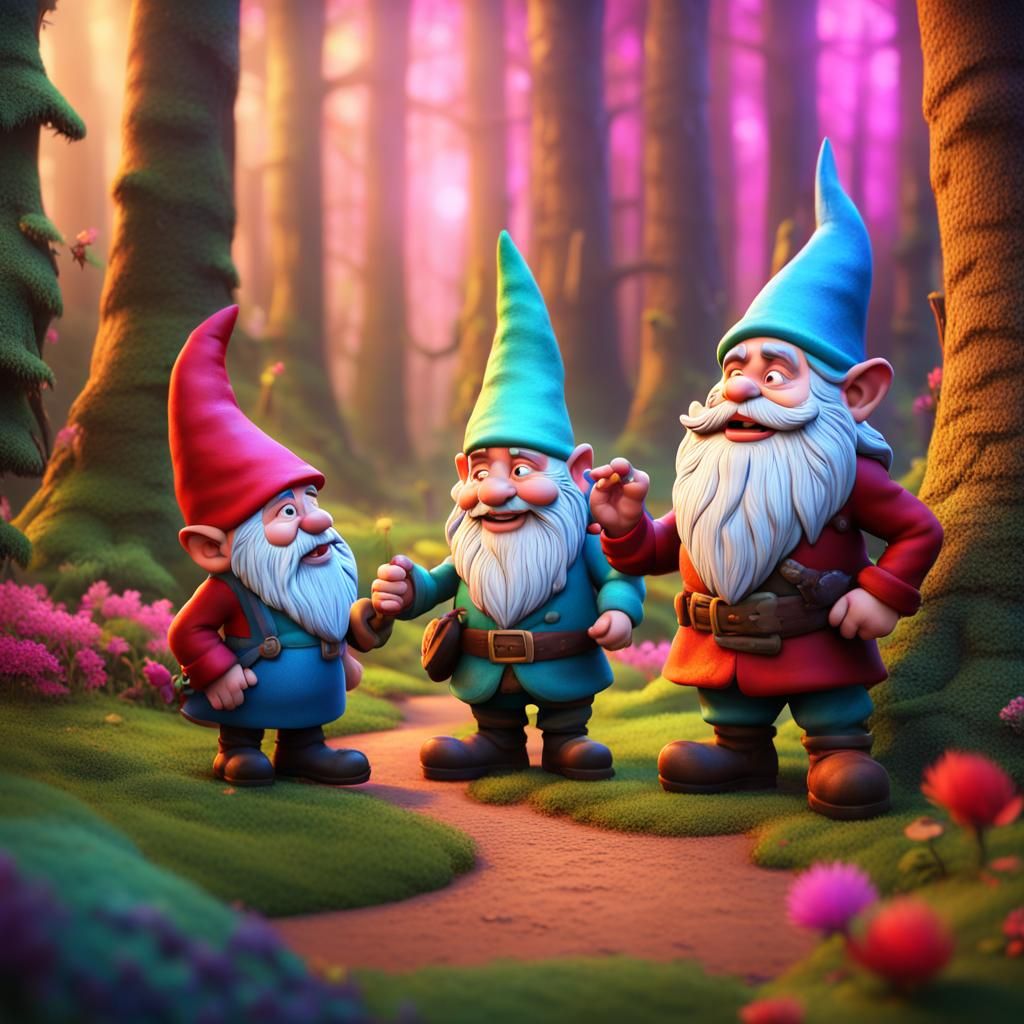 Gnome Love Triangle in Magic Forest, 3D Art